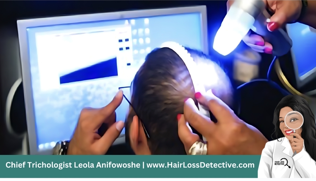 Clinic scalp-analysis photograph showing a handheld microscope examining a client's parted hair beside a monitor; supplied graphic includes clinic branding and an illustrated detective.