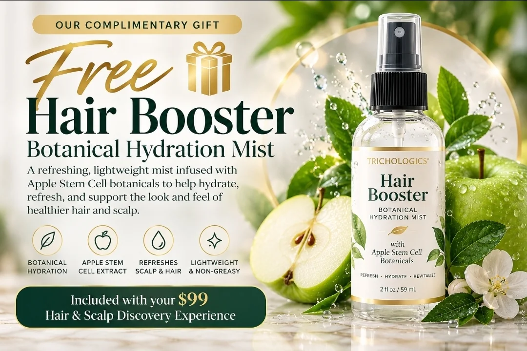 Free Hair Booster, Botanical Hydration Mist — promotional mockup of the complimentary gift included with the $99 Hair & Scalp Discovery Experience