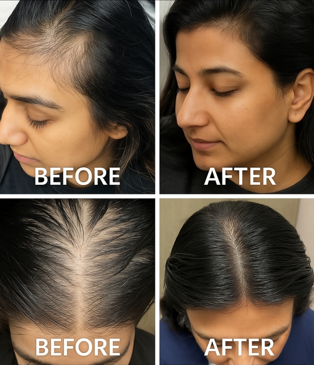 Approved four-panel client comparison: temple and hair part photographed before in the left column and after in the right column.